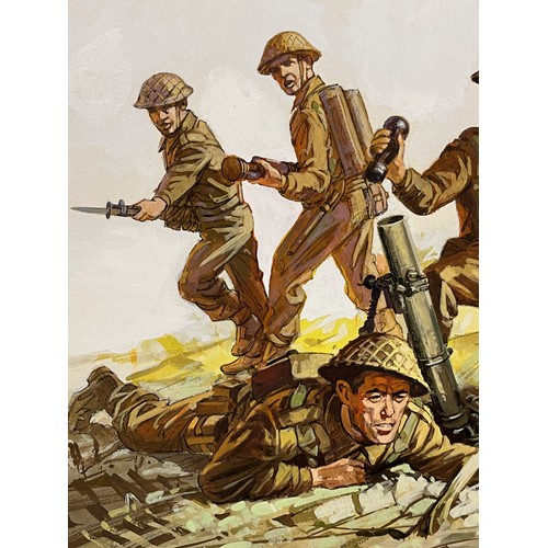 219 - Matchbox model kit original artwork, painting WWII British Infantry soldiers, showing uniforms and w... 