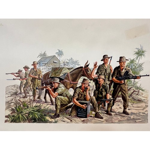 221 - Matchbox model kit original artwork, painting WWII Anzac Infantry soldiers box cover artwork showing... 