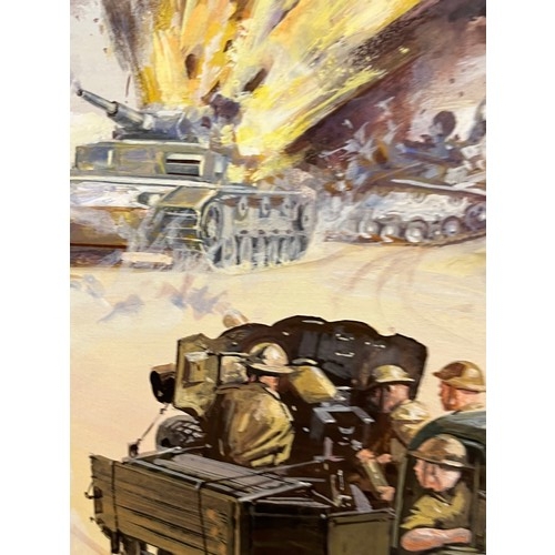 246 - WWII military scene, original painting for a book, a combat scene showing a British Army lorry with ... 