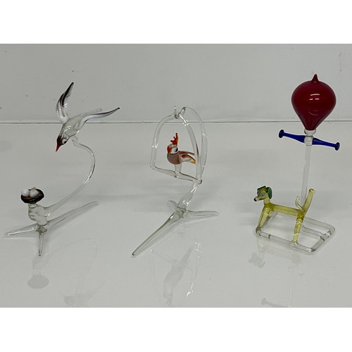 382 - Murano glass mid century coloured glass figurines, a Seagull and nest, a parrot on a swing perch and... 