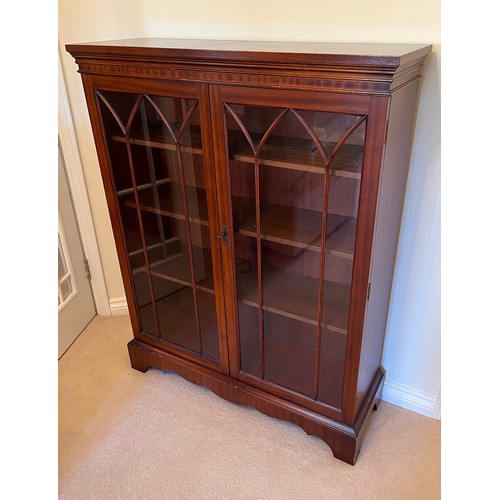 61 - Glazed two door cupboard with three internal shelves, 94 cm x 32 cm x 122 cm high.

This lot is coll... 