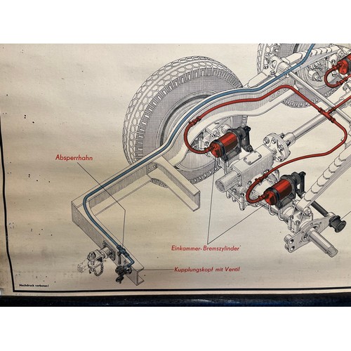 107 - Automobilia, German linen backed education poster on the braking system of a 1950’s lorry. 125 cm x ... 