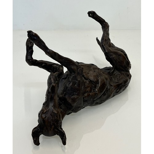 135 - Contemporary bronze dog sculptue, Rolling Greyhound Lurcher, substantial study 40cm long. Marked SEA... 