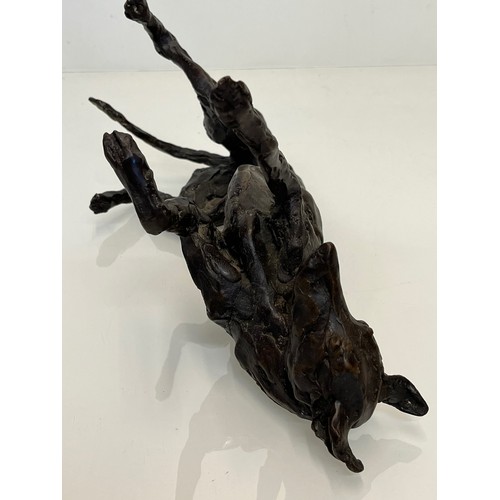 135 - Contemporary bronze dog sculptue, Rolling Greyhound Lurcher, substantial study 40cm long. Marked SEA... 