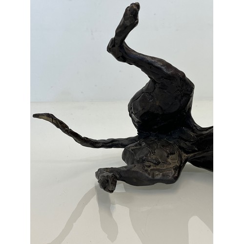 135 - Contemporary bronze dog sculptue, Rolling Greyhound Lurcher, substantial study 40cm long. Marked SEA... 