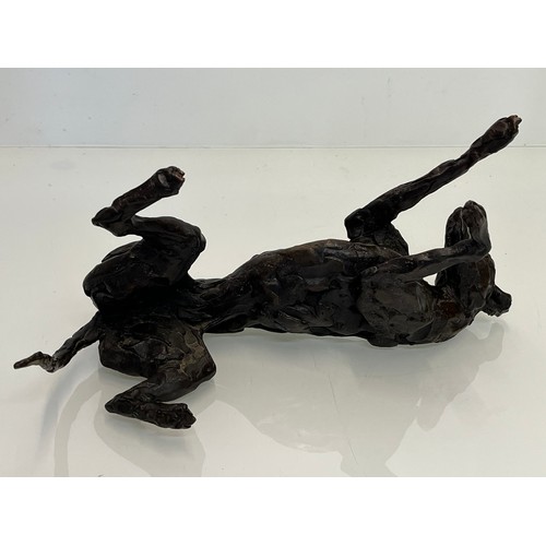 135 - Contemporary bronze dog sculptue, Rolling Greyhound Lurcher, substantial study 40cm long. Marked SEA... 