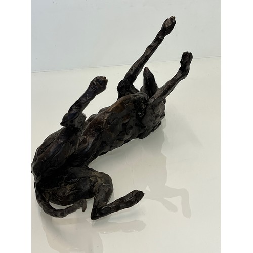 135 - Contemporary bronze dog sculptue, Rolling Greyhound Lurcher, substantial study 40cm long. Marked SEA... 