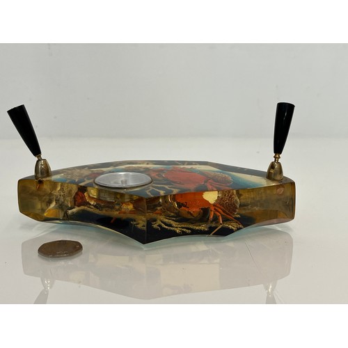 163 - Kitsch mid century design, a clear Lucite desk stand with shells, crabs and a sea life theme inside.... 