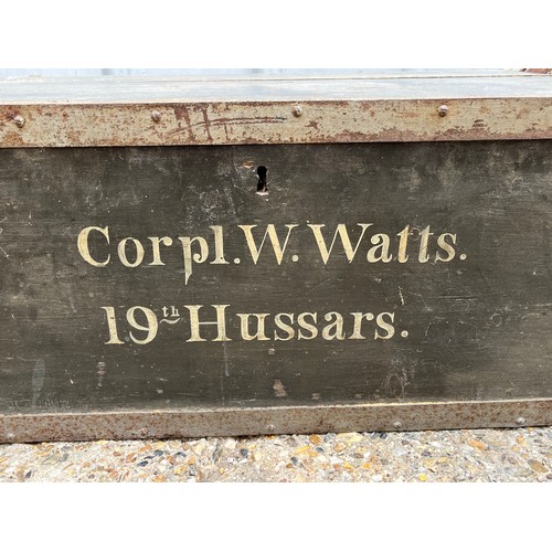 176 - Military storage chest marked for the 19th Royal Hussars, 77 cm x 49 cm x 33cm high.

This lot is co... 