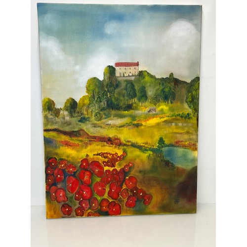 180 - Painting on canvas of a landscape with poppies and a house set on a hill, 73 cm x 53 cm.

This lot i... 