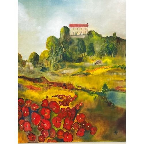 180 - Painting on canvas of a landscape with poppies and a house set on a hill, 73 cm x 53 cm.

This lot i... 