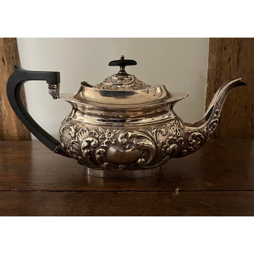 185 - Plated tea pot, milk jug and sugar bowl with embossed decoration.

This lot is available for in-hous... 