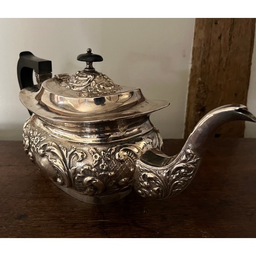 185 - Plated tea pot, milk jug and sugar bowl with embossed decoration.

This lot is available for in-hous... 