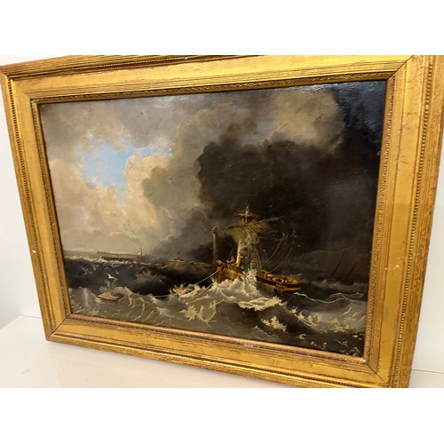 474 - C19th oil on Canvas painting of a Maritime scene, fishermen off a lighthouse. 74 cm x 58 cm.

This l... 