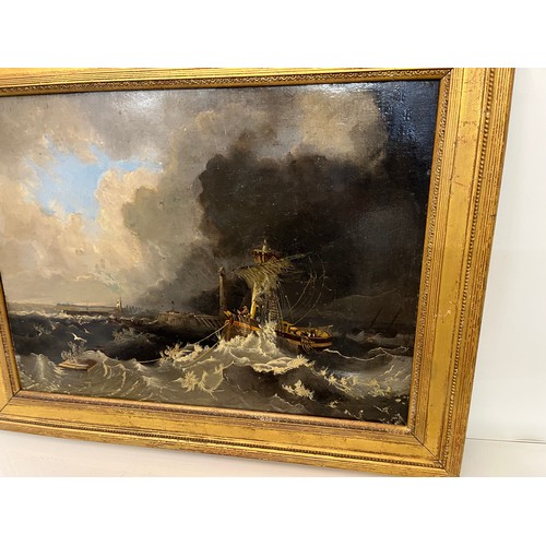 474 - C19th oil on Canvas painting of a Maritime scene, fishermen off a lighthouse. 74 cm x 58 cm.

This l... 