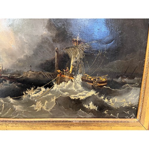 474 - C19th oil on Canvas painting of a Maritime scene, fishermen off a lighthouse. 74 cm x 58 cm.

This l... 