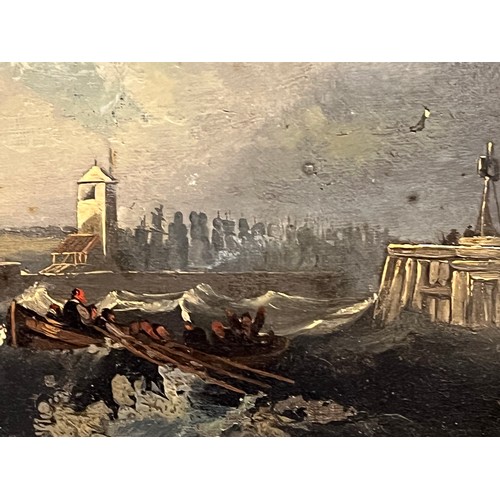 474 - C19th oil on Canvas painting of a Maritime scene, fishermen off a lighthouse. 74 cm x 58 cm.

This l... 