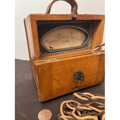 289 - Vintage engineering tools, oak cased electrical test meter, 18cm x 18cm x 14cm 

This lot is availab... 