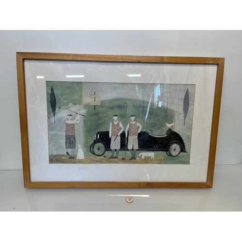 426 - Large framed golfing themed picture, two well dressed Golfers with dogs next to a 1920’s sports car.... 