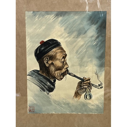 213 - Oriental pen and ink painting of a Chinese man smoking a Heroin Pipe. Impressed artists mark, 43 cm ... 