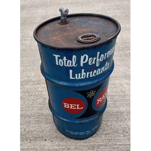 281 - Automobilia, vintage motor car garage large 16 US gallon oil drum for Bel Ray Performance Oils. 37 c... 