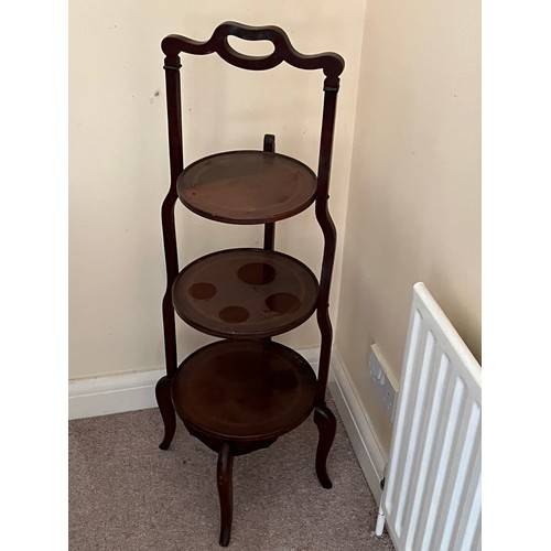 226 - Three tier cake stand with graduated shelves. Bottom shelf 30 cm dia, top is 24 cm in dia, 97 cm tal... 