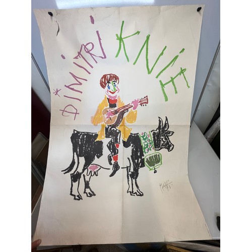 302 - A large 1973 dated Circus art poster of the Clown Dimitri riding a Cow, at the circus Knie. 156 cm x... 