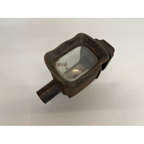 470 - Early motoring or carriage candle lantern, unusual square lense to the front, 30cm tall overall.

Th... 