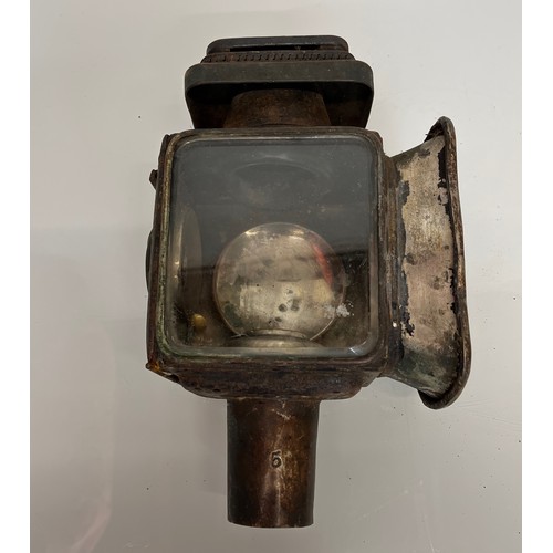 470 - Early motoring or carriage candle lantern, unusual square lense to the front, 30cm tall overall.

Th... 