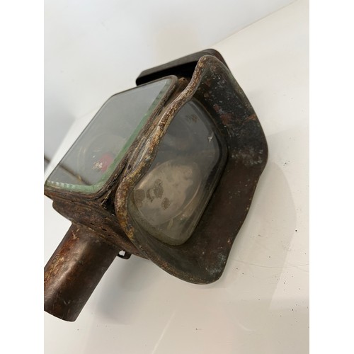 470 - Early motoring or carriage candle lantern, unusual square lense to the front, 30cm tall overall.

Th... 