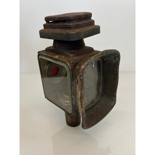 470 - Early motoring or carriage candle lantern, unusual square lense to the front, 30cm tall overall.

Th... 