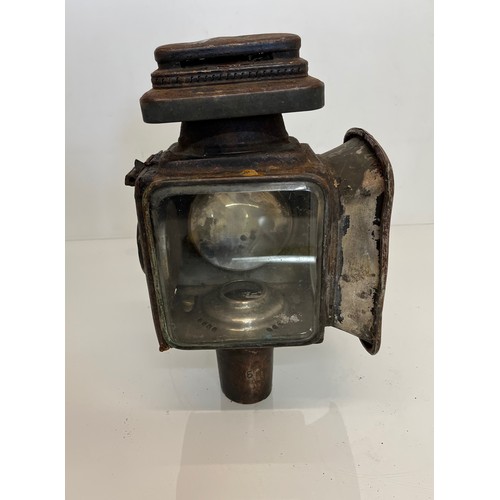 470 - Early motoring or carriage candle lantern, unusual square lense to the front, 30cm tall overall.

Th... 