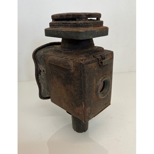 470 - Early motoring or carriage candle lantern, unusual square lense to the front, 30cm tall overall.

Th... 