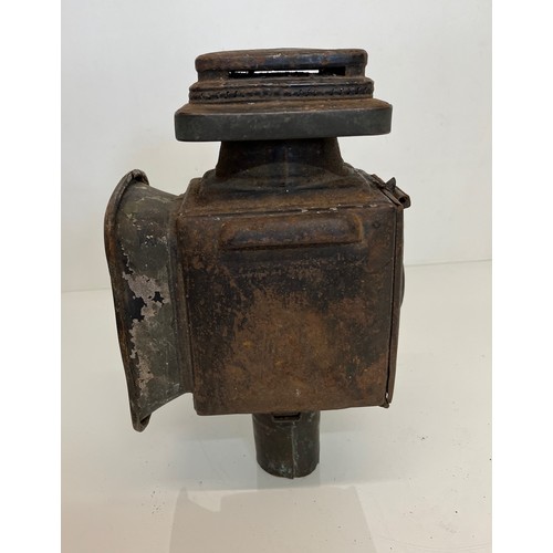 470 - Early motoring or carriage candle lantern, unusual square lense to the front, 30cm tall overall.

Th... 