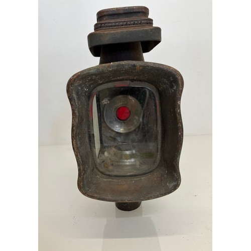 470 - Early motoring or carriage candle lantern, unusual square lense to the front, 30cm tall overall.

Th... 