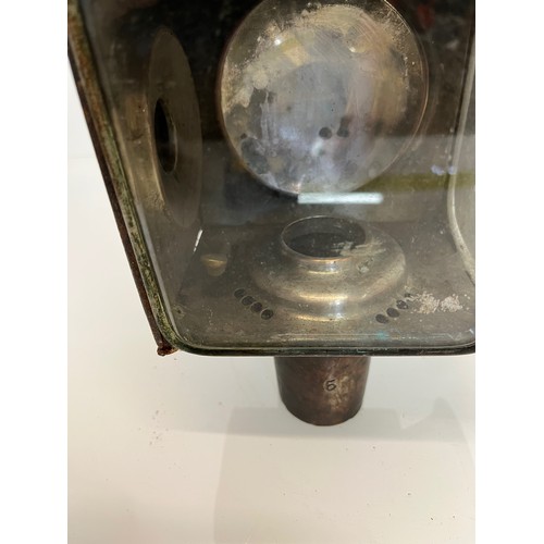 470 - Early motoring or carriage candle lantern, unusual square lense to the front, 30cm tall overall.

Th... 