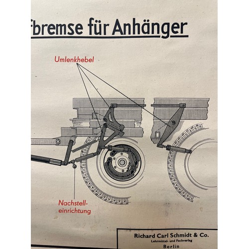 335 - Automobilia, German linen backed education poster on the braking system of a 1950’s lorry. 125 cm x ... 