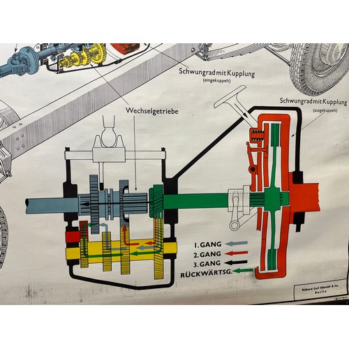 337 - Automobilia, Linen backed German education poster on the driving elements from the engine gearbox to... 