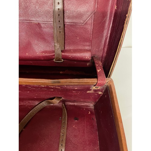 383 - Early C20th luggage, a leather suitcase marked for Selfridge London, with travel label illustrated w... 