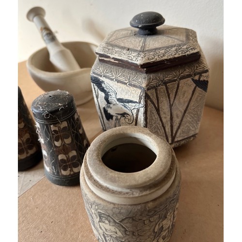 508 - Collection of mixed ceramics and a motar and pestle.

This lot is available for in-house shipping