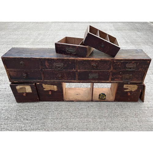 349 - Industrial wooden furniture, two sets of workshop storage drawers, and parts a shown in the photogra... 