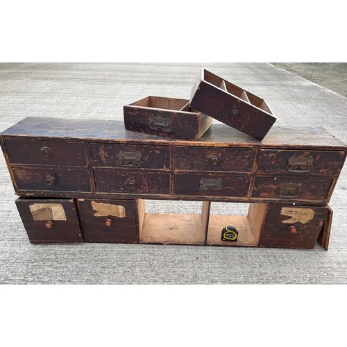 349 - Industrial wooden furniture, two sets of workshop storage drawers, and parts a shown in the photogra... 