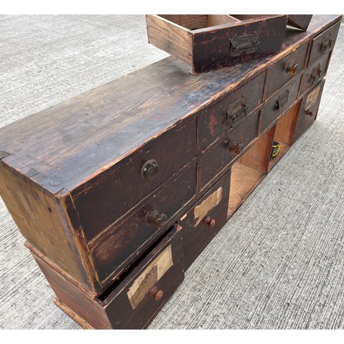 349 - Industrial wooden furniture, two sets of workshop storage drawers, and parts a shown in the photogra... 