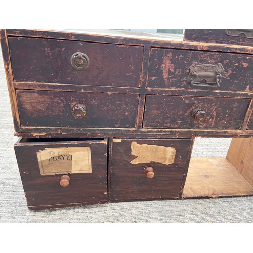 349 - Industrial wooden furniture, two sets of workshop storage drawers, and parts a shown in the photogra... 