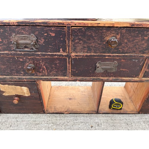 349 - Industrial wooden furniture, two sets of workshop storage drawers, and parts a shown in the photogra... 