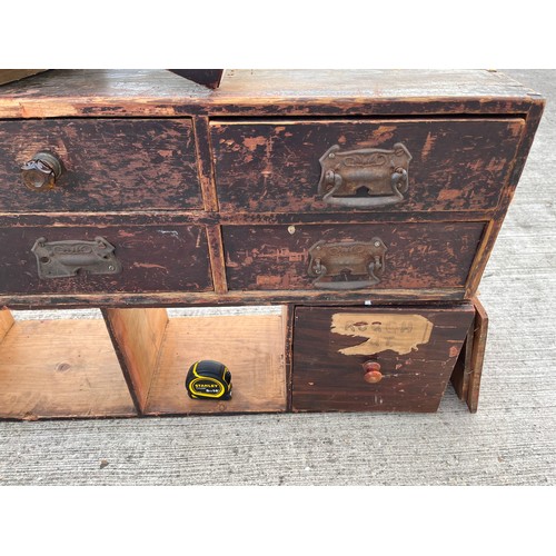 349 - Industrial wooden furniture, two sets of workshop storage drawers, and parts a shown in the photogra... 