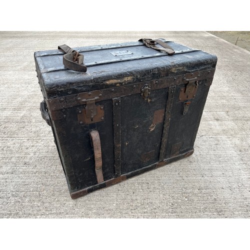 353 - C19th metal and wood bound storage trunk by Amand Pasquier of Paris. 72 cm x 43 cm x 59 cm high.

Th... 