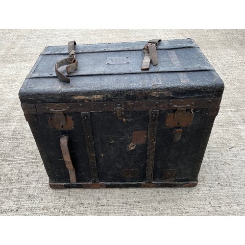 353 - C19th metal and wood bound storage trunk by Amand Pasquier of Paris. 72 cm x 43 cm x 59 cm high.

Th... 