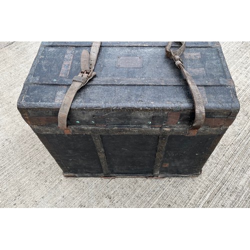 353 - C19th metal and wood bound storage trunk by Amand Pasquier of Paris. 72 cm x 43 cm x 59 cm high.

Th... 