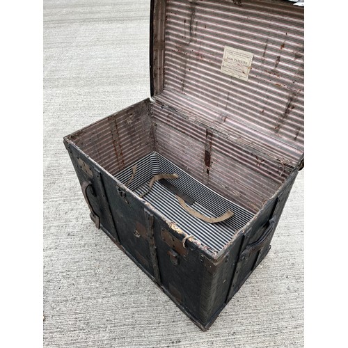 353 - C19th metal and wood bound storage trunk by Amand Pasquier of Paris. 72 cm x 43 cm x 59 cm high.

Th... 